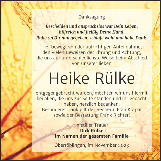 Traueranzeige von Heike Rülke von Trauerkombi Sangerhausen