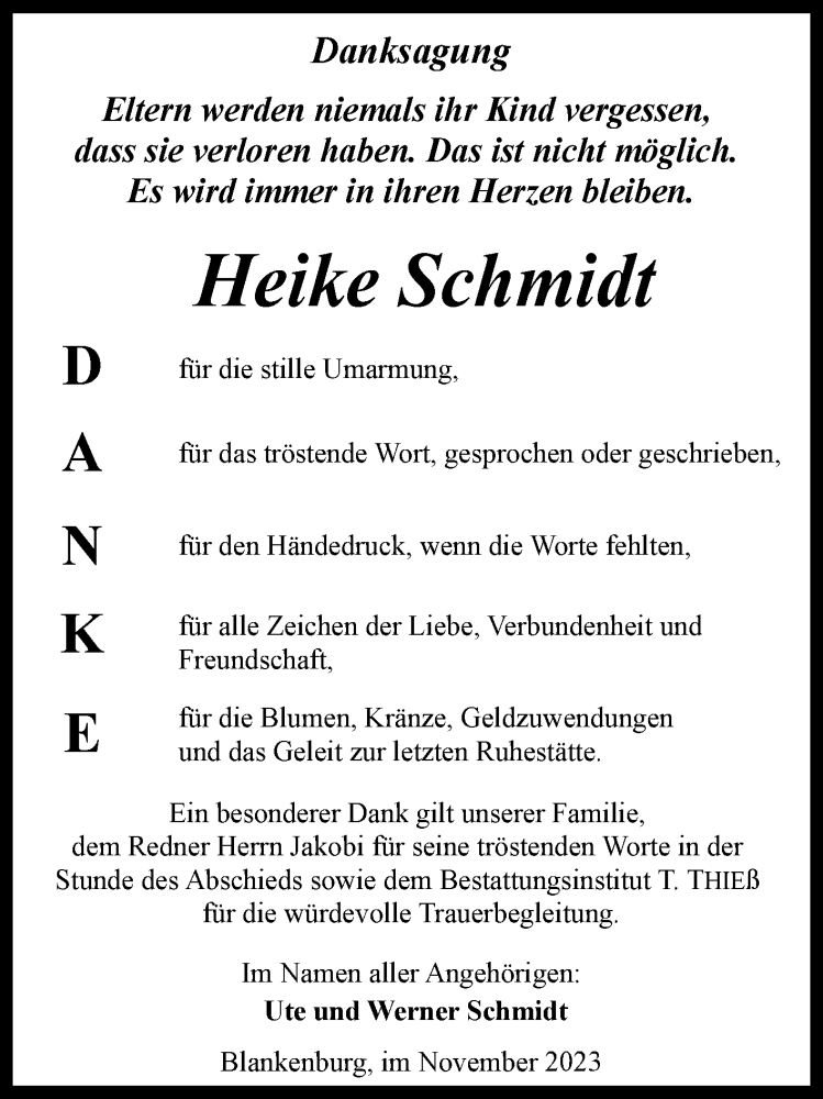 Traueranzeige für Heike Schmidt vom 04.11.2023 aus Volksstimme Wernigerode