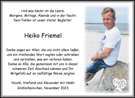 Traueranzeige von Heiko Friemel von Trauerkombi Wittenberg