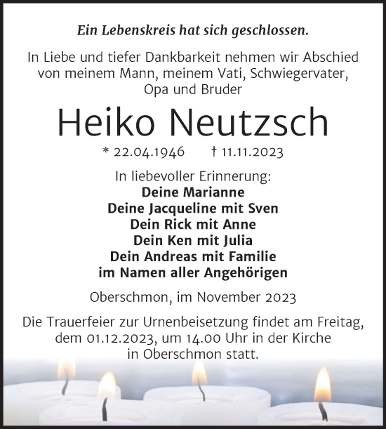 Traueranzeige von Heiko Neutzsch von Trauerkombi Merseburg