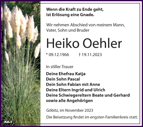 Traueranzeige von Heiko Oehler von Trauerkombi Zeitz