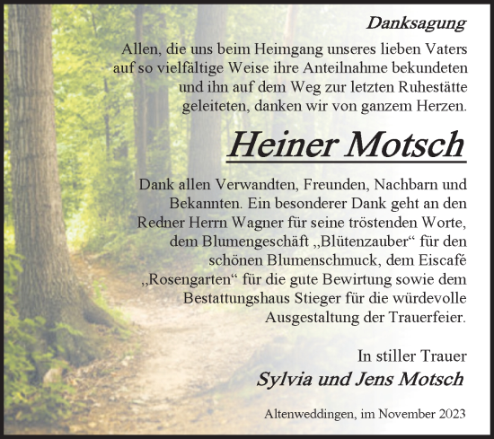 Traueranzeige von Heiner Motsch von Volksstimme Oschersleben/Wanzleben