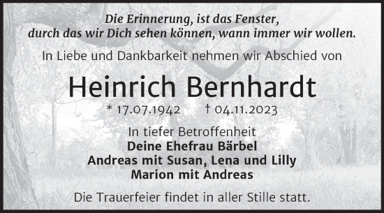 Traueranzeige von Heinrich Bernhardt von Trauerkombi Dessau