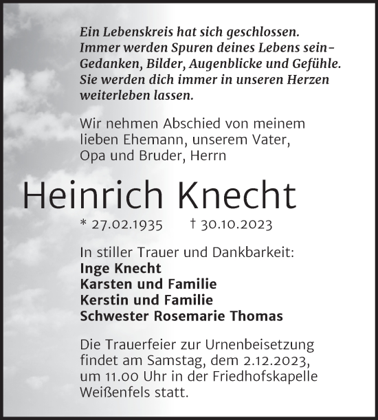 Traueranzeige von Heinrich Knecht von Trauerkombi Weißenfels