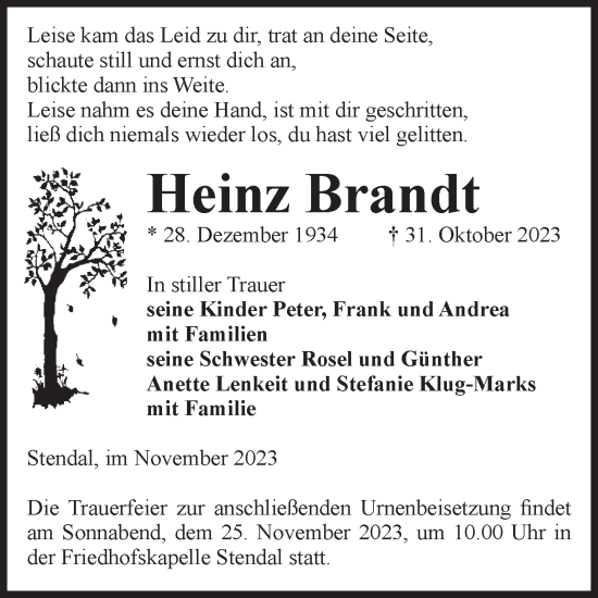 Traueranzeige von Heinz Brandt von Volksstimme Altmark Ost