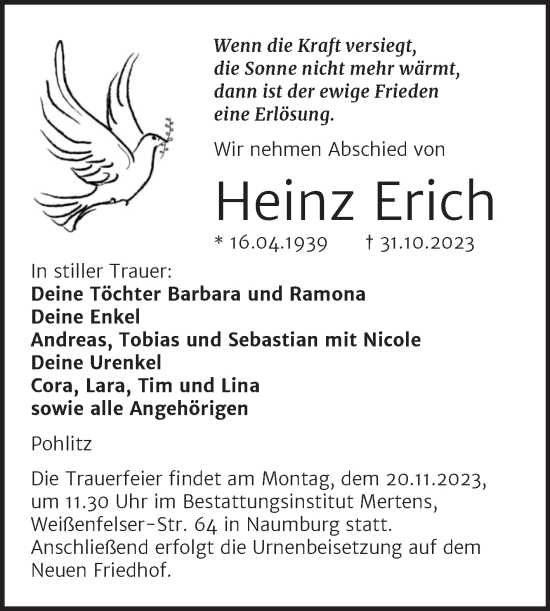 Traueranzeige von Heinz Erich von Wochenspiegel Naumburg/Nebra