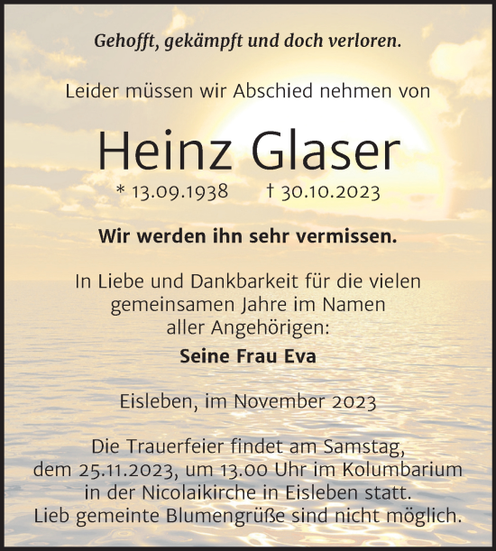Traueranzeige von Heinz Glaser von Trauerkombi Mansfelder Land