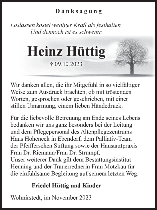 Traueranzeige von Heinz Hüttig von Volksstimme Haldensleben/Wolmirstedt