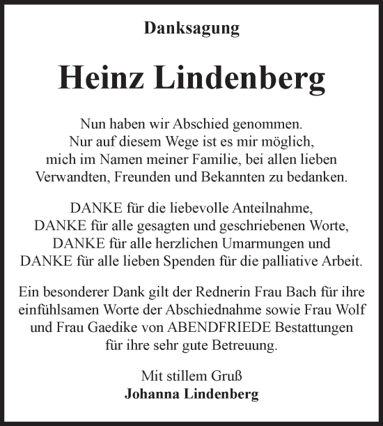 Traueranzeige von Heinz Lindenberg von Volksstimme Magdeburg