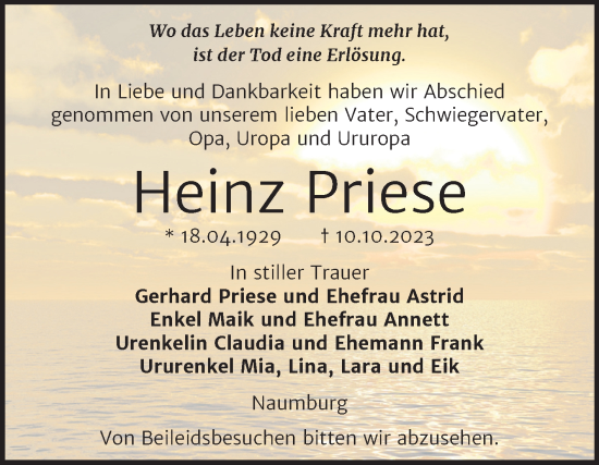 Traueranzeige von Heinz Priese von Wochenspiegel Naumburg/Nebra