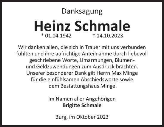 Traueranzeige von Heinz Schmale von Volksstimme Burg/Genthin