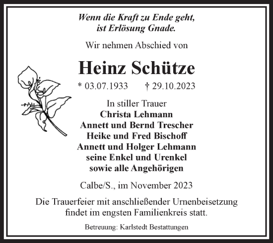 Traueranzeige von Heinz Schütze von Volksstimme Schönebeck