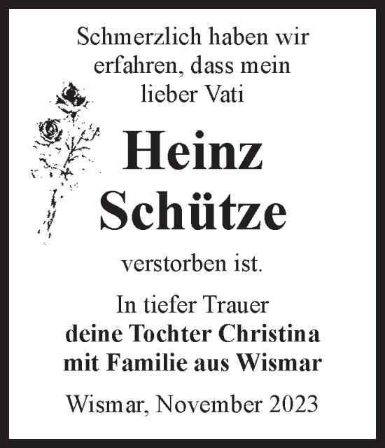 Traueranzeige von Heinz Schütze von Volksstimme Schönebeck