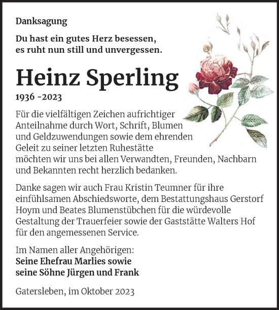 Traueranzeige von Heinz Sperling von Trauerkombi Aschersleben