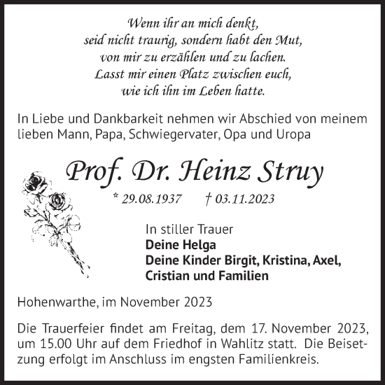 Traueranzeige von Heinz Struy von Volksstimme Burg/Genthin