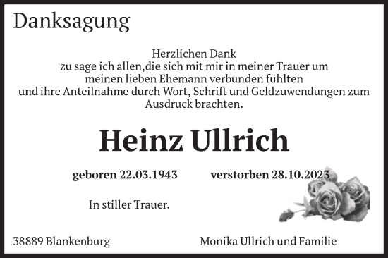 Traueranzeige von Heinz Ullrich von Volksstimme Wernigerode