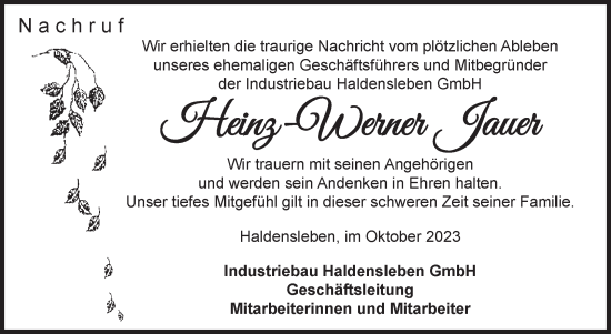 Traueranzeige von Heinz-Werner Jauer von Volksstimme Oschersleben/Wanzleben