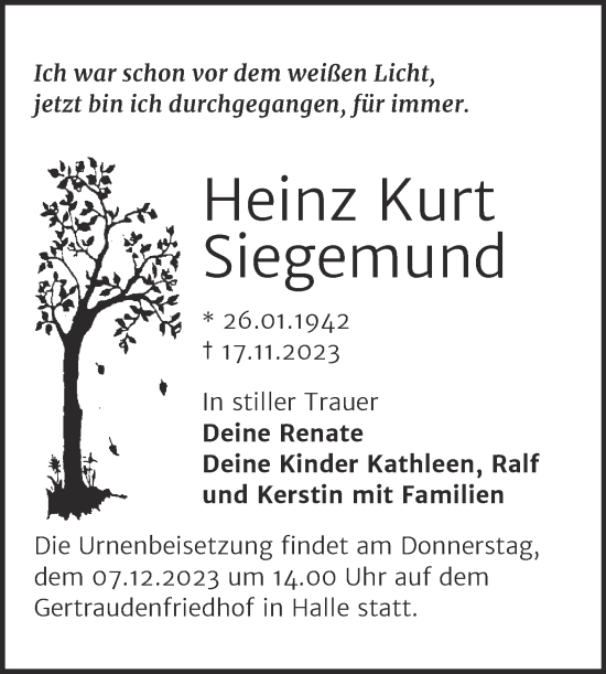 Traueranzeige von Heinz Kurt Siegemund von Mitteldeutsche Zeitung Halle/Saalkreis