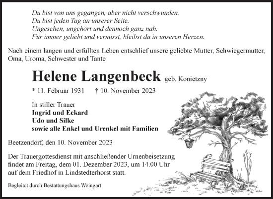 Traueranzeige von Helene Langenbeck von Volksstimme Altmark West