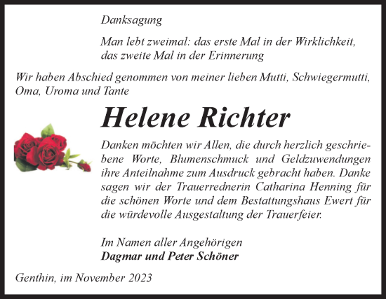 Traueranzeige von Helene Richter von Volksstimme Burg/Genthin