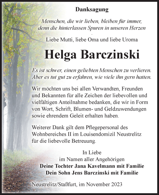 Traueranzeige von Helga Barczinski von Volksstimme Staßfurt