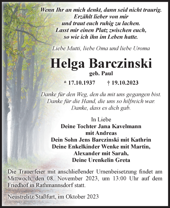 Traueranzeige von Helga Barczinski von Volksstimme Staßfurt