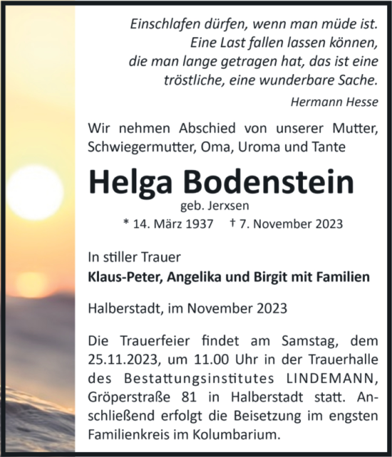 Traueranzeige von Helga Bodenstein von Volksstimme Halberstadt