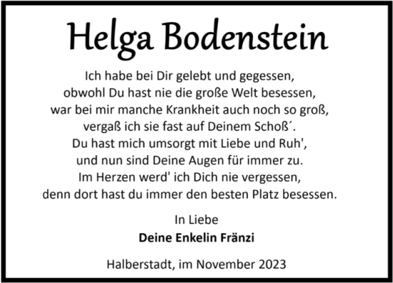 Traueranzeige von Helga Bodenstein von Volksstimme Halberstadt