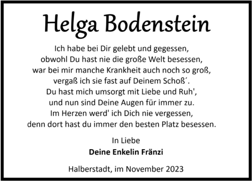  Traueranzeige für Helga Bodenstein vom 11.11.2023 aus Volksstimme Halberstadt