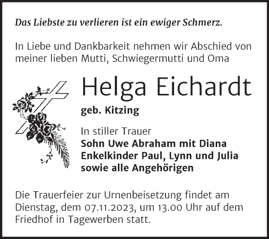 Traueranzeige von Helga Eichardt von Trauerkombi Merseburg
