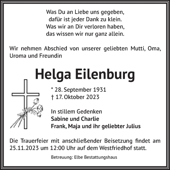 Traueranzeige von Helga Eilenburg von Volksstimme Magdeburg