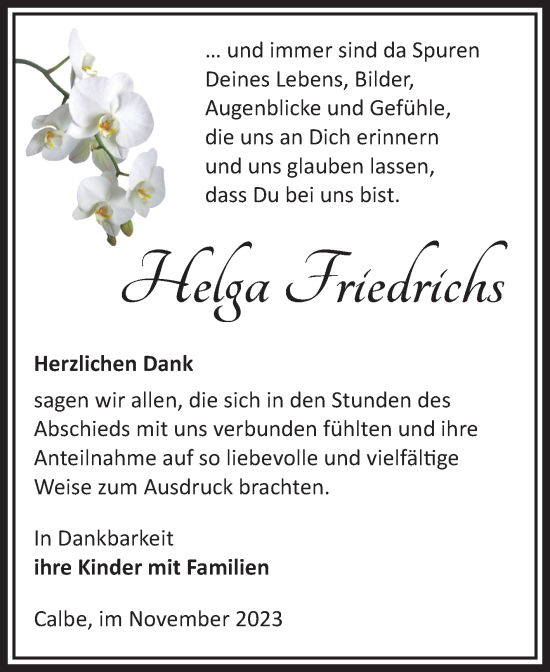 Traueranzeige von Helga Friedrichs von Volksstimme Schönebeck