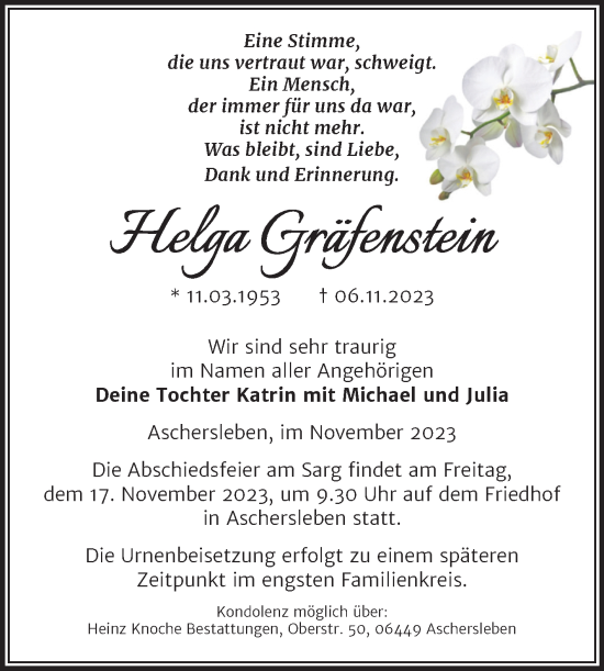 Traueranzeige von Helga Gräfenstein von Trauerkombi Aschersleben