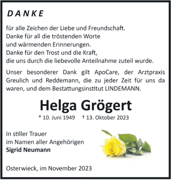 Traueranzeige von Helga Grögert von Volksstimme Halberstadt