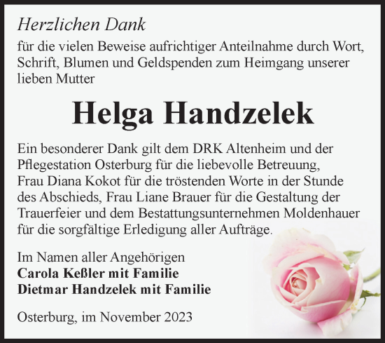 Traueranzeige von Helga Handzelek von Volksstimme Altmark Ost