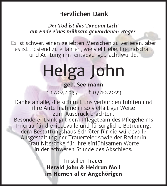 Traueranzeige von Helga John von Trauerkombi Bitterfeld