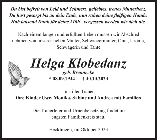 Traueranzeige von Helga Klobedanz von Volksstimme Staßfurt