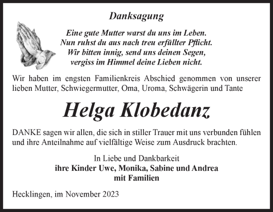 Traueranzeige von Helga Klobedanz von Volksstimme Staßfurt