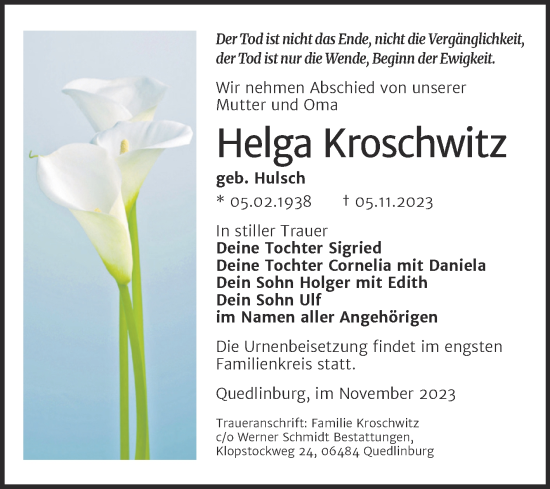 Traueranzeige von Helga Kroschwitz von Trauerkombi Quedlinburg