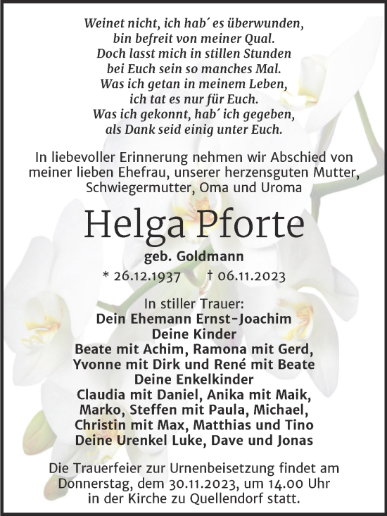 Traueranzeige von Helga Pforte von Trauerkombi Köthen