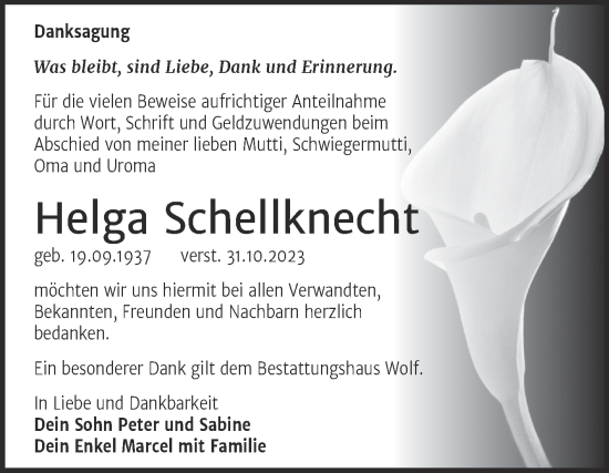 Traueranzeige von Helga Schellknecht von Trauerkombi Weißenfels