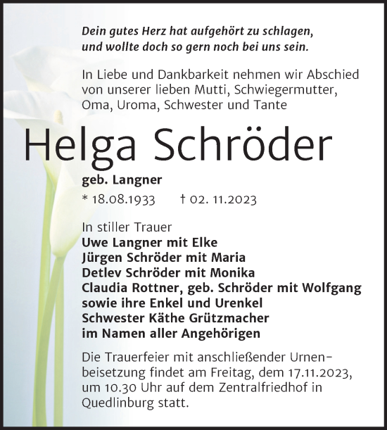 Traueranzeige von Helga Schröder von Trauerkombi Quedlinburg