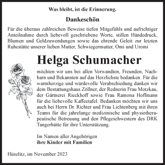 Traueranzeige von Helga Schumacher von Volksstimme Altmark Ost