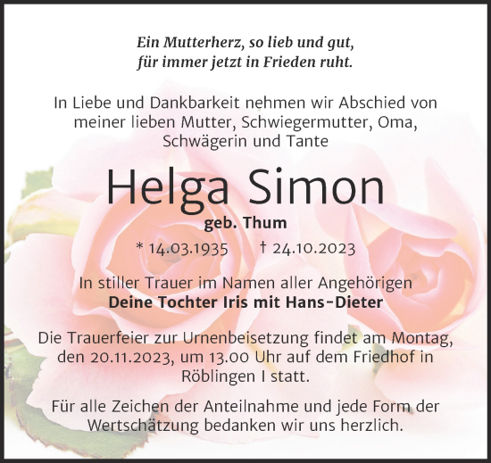 Traueranzeige von Helga Simon von Trauerkombi Mansfelder Land