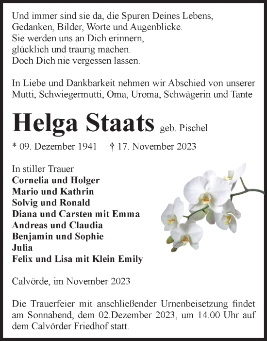 Traueranzeige von Helga Staats von Volksstimme Haldensleben/Wolmirstedt