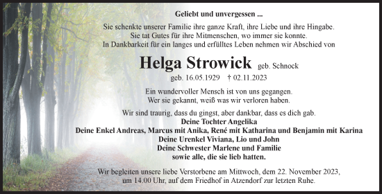 Traueranzeige von Helga Strowick von Volksstimme Staßfurt