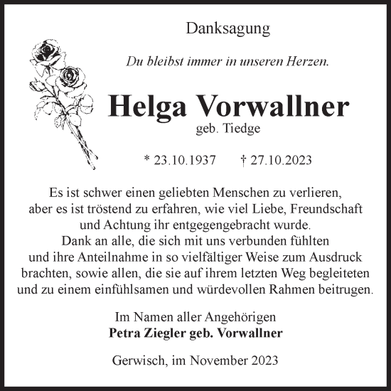 Traueranzeige von Helga Vorwallner von Volksstimme Burg/Genthin
