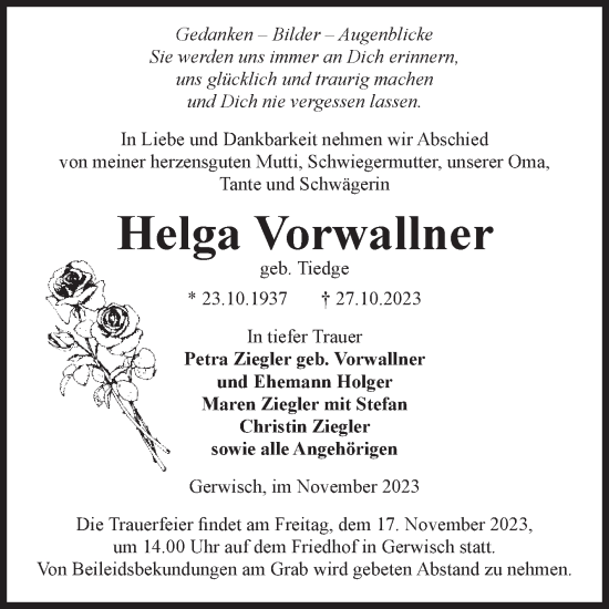 Traueranzeige von Helga Vorwallner von Volksstimme Burg/Genthin
