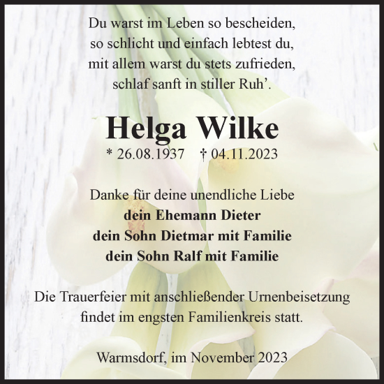 Traueranzeige von Helga Wilke 