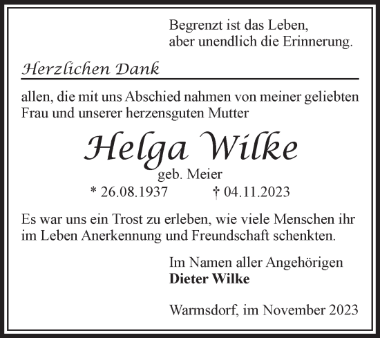 Traueranzeige von Helga Wilke 